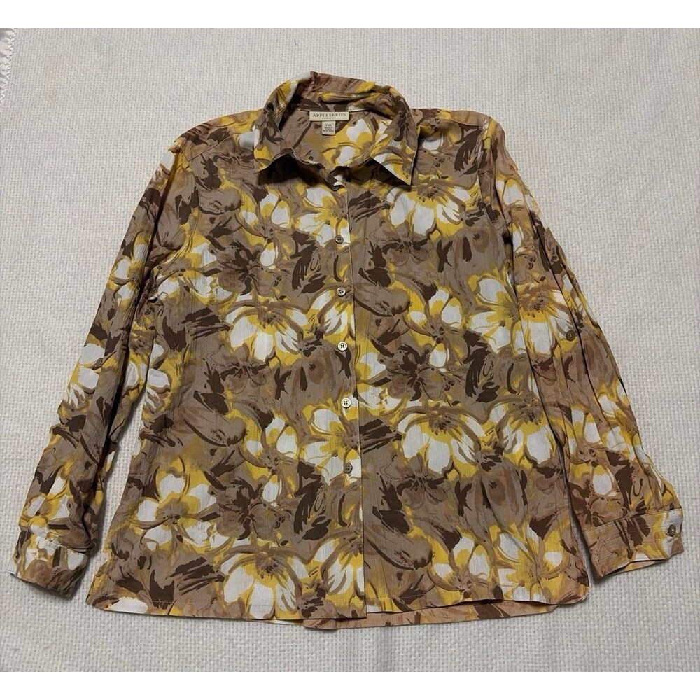 Appleseed's Petites Floral Button-Down Shirt Women's PM Brown Yellow